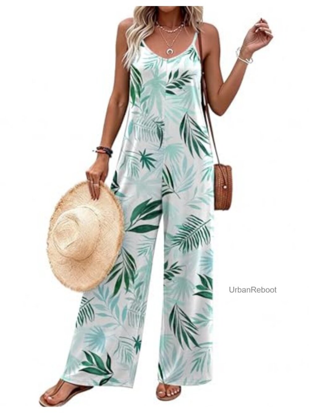 Women Sleeveless Boho Jumpsuit Adjustable Spaghetti Strap Romper Side Pockets
